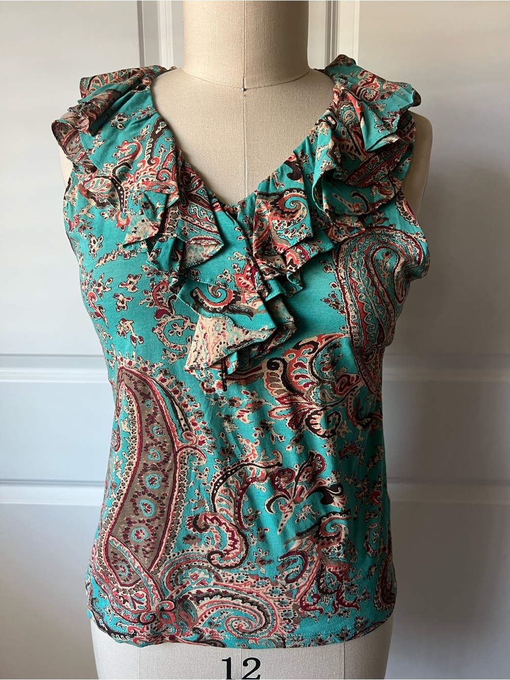 Lauren Ralph Lauren Teal Paisley Ruffle V-Neck Camisole